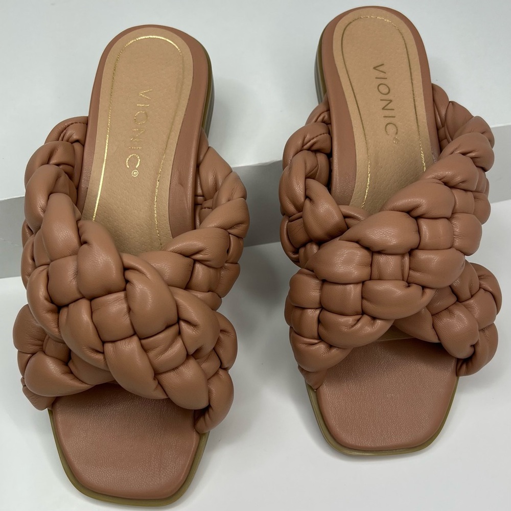 Vionic Braided Slide Sandals in Cognac Brown-New WO Tags